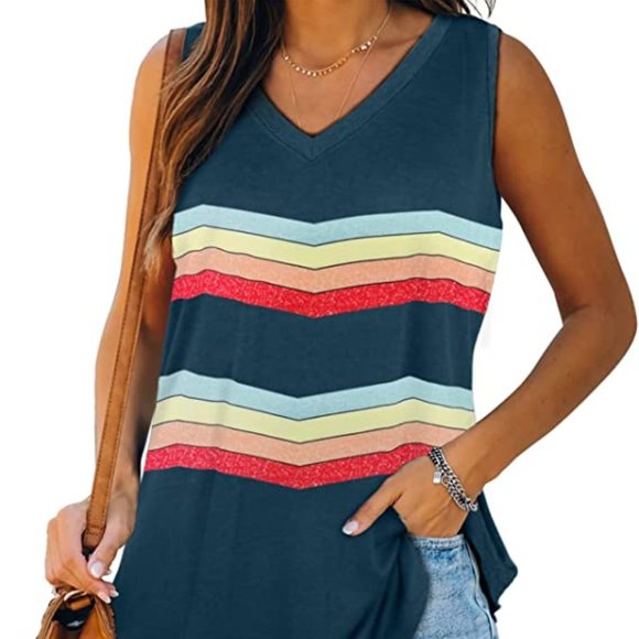 Blue Rainbow Tank Top V Neck Basic Casual Flowy Sleeveless Top Size 2X New - Picture 3 of 7